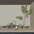 Japanese-style Indoor Landscape With Karesansui Bamboo Curtain Stones Green Plants And Stone Lanterns