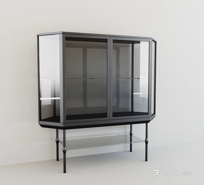 Modern Black Entryway Side Cabinet With Glass Doors Metal Frame And Display Shelves 3d model 