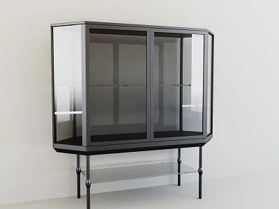 Modern Black Entryway Side Cabinet With Glass Doors Metal Frame And Display Shelves 3d model