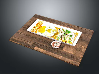 Delicious Fried Eggs And Fries With Green Herbs On White Plate Wooden Tray Seasoning Bowl 3d model