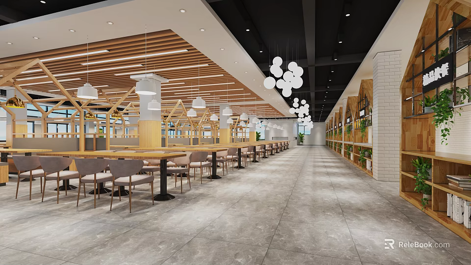 Modern Cafeteria Interior Design With Hanging Lights Wooden Elements Green Plants And Gray Floor 3d model 