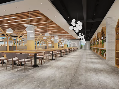 Modern Cafeteria Interior Design With Hanging Lights Wooden Elements Green Plants And Gray Floor 3d model