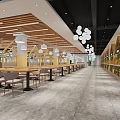 Modern Cafeteria Interior Design With Hanging Lights Wooden Elements Green Plants And Gray Floor