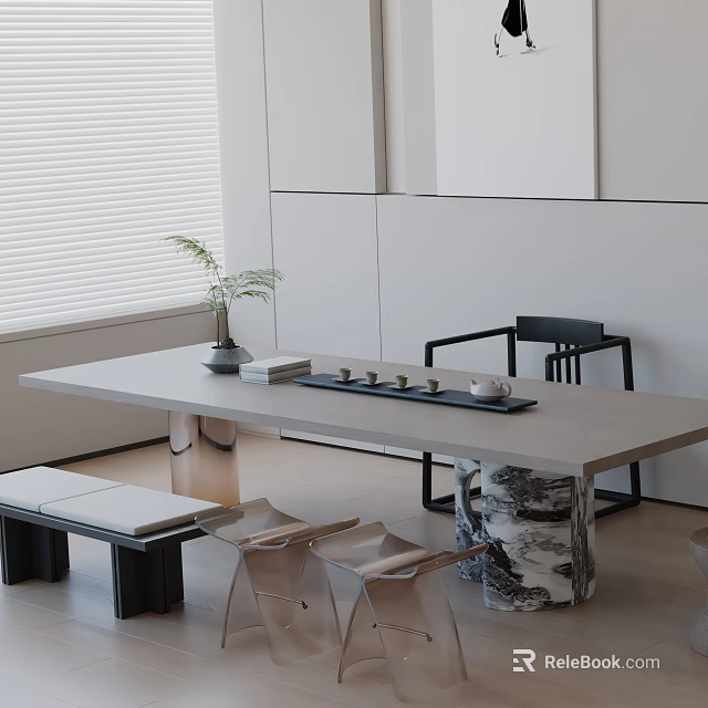 Modern Tea Room With Tea Set Tray Vase Plant Bench Chairs White Walls Window Blinds 3d model 