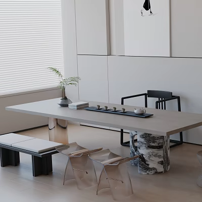 Modern Tea Room With Tea Set Tray Vase Plant Bench Chairs White Walls Window Blinds 3d model