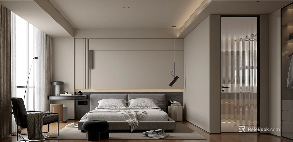 Modern Bedroom Interior Design With Minimalist Headboard Pendant Light And Neutral Tones 3d model 