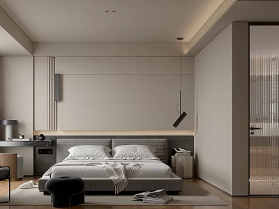 Modern Bedroom Interior Design With Minimalist Headboard Pendant Light And Neutral Tones 3d model