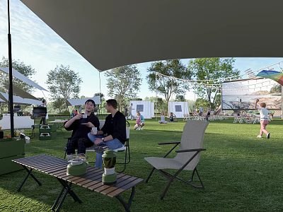 Scenic Campsite With Green Grass Canopy Chairs Tables People Relaxing And Children Playing 3d model