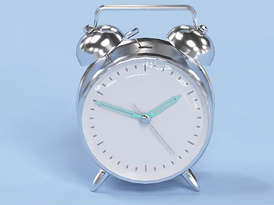 Silver Metal Alarm Clock With Double Bells White Dial And Teal Hands On Blue Background 3d model
