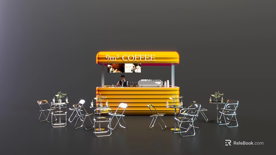 9th Coffee Stand With Yellow Awning Counter And Outdoor Tables Chairs 3d model 