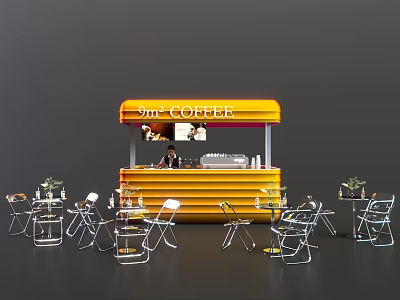 9th Coffee Stand With Yellow Awning Counter And Outdoor Tables Chairs 3d model