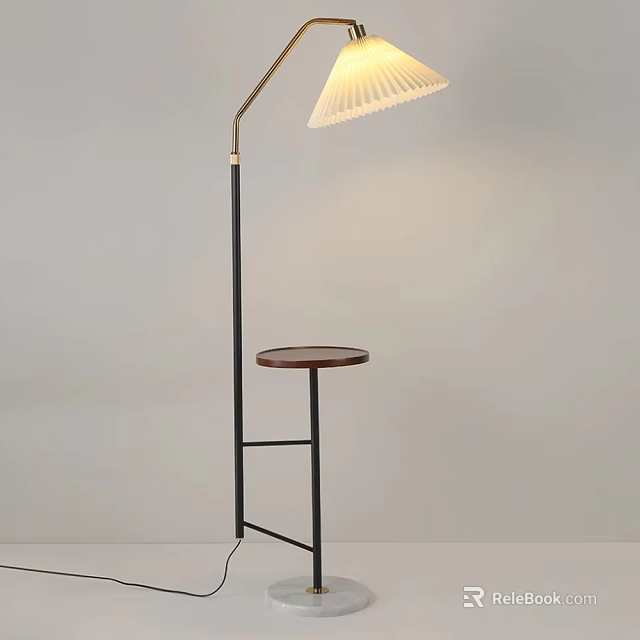 Stylish Modern Floor Lamp With Curved Metal Arm White Pleated Shade And Wooden Side Table 3d model 