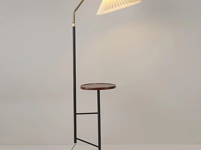Stylish Modern Floor Lamp With Curved Metal Arm White Pleated Shade And Wooden Side Table 3d model