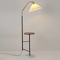 Stylish Modern Floor Lamp With Curved Metal Arm White Pleated Shade And Wooden Side Table