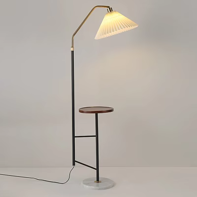 Stylish Modern Floor Lamp With Curved Metal Arm White Pleated Shade And Wooden Side Table 3d model