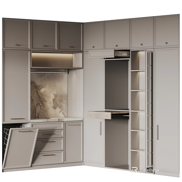 Elegant Modern White Kitchen Cabinets With Marble Countertop Drawers And Lighting 3d model 