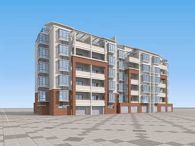 Modern Multi Storey Residential Building With Brick Red And White Exterior And Large Windows 3d model