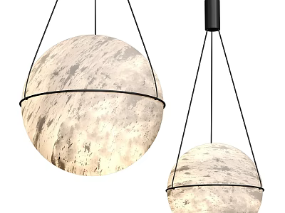 Modern Spherical Pendant Light with Moon Like Texture and Black Metal Frame 3d model