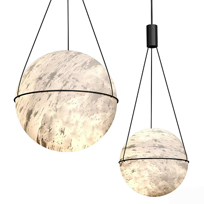 Modern Spherical Pendant Light with Moon Like Texture and Black Metal Frame 3d model