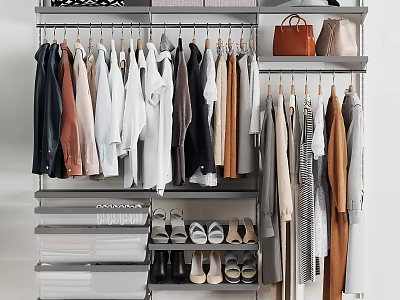 Stylish Organized Clothes Hanging On Hangers With Shoes Bags And Shelves 3d model
