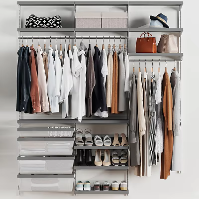Stylish Organized Clothes Hanging On Hangers With Shoes Bags And Shelves 3d model