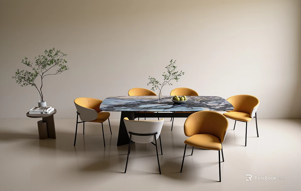 Modern Dining Table Set With Marble Top Yellow White Chairs And Plants Fruits 3d model 