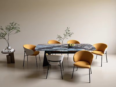 Modern Dining Table Set With Marble Top Yellow White Chairs And Plants Fruits 3d model
