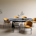 Modern Dining Table Set With Marble Top Yellow White Chairs And Plants Fruits