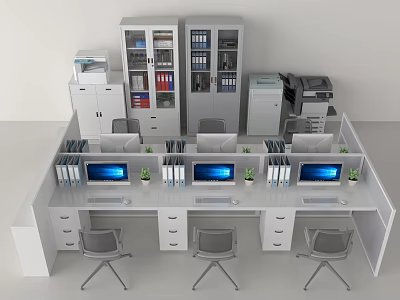 Modern Office Desk Setup With Multiple Workstations Computer Monitors Filing Cabinets Printers And Potted Plants 3d model