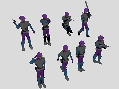 Men In Purple And Gray Outfits Holding Guns In Various Poses 3d model