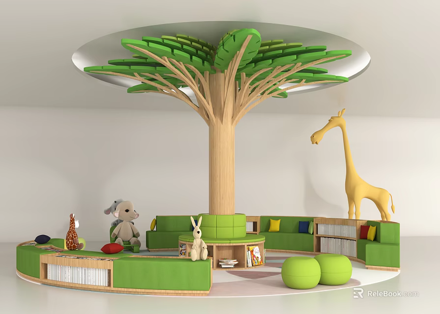Tree Shaped Pillar In Children Indoor Space With Green Sofas Bookshelves And Stuffed Animals 3d model 