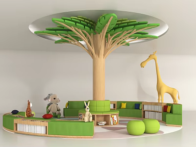 Tree Shaped Pillar In Children Indoor Space With Green Sofas Bookshelves And Stuffed Animals 3d model