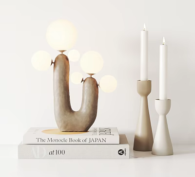 Modern U shaped Table Lamp with Round Bulbs on Books and Candle Holders 3d model