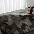 Square Rug With Geometric Pattern In Black And Gray On Wooden Floor With White Curtains
