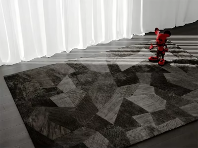 Square Rug With Geometric Pattern In Black And Gray On Wooden Floor With White Curtains 3d model