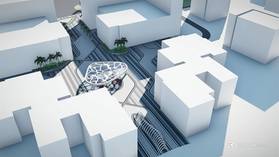 Urban Park Landscape Surrounded By White Buildings Featuring Central Geometric Structure And Palm Trees 3d model 