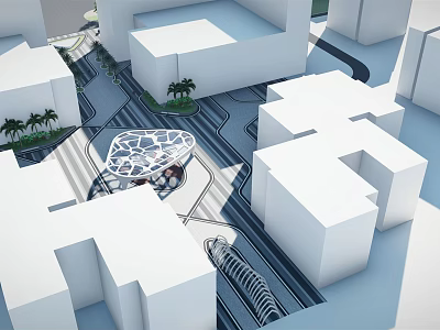 Urban Park Landscape Surrounded By White Buildings Featuring Central Geometric Structure And Palm Trees 3d model
