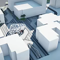 Urban Park Landscape Surrounded By White Buildings Featuring Central Geometric Structure And Palm Trees