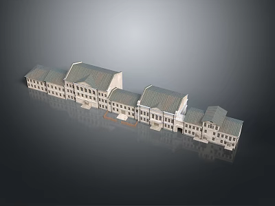Cartoon Style Row Buildings Scene With Traditional Roofs And Detailed White Facades 3d model
