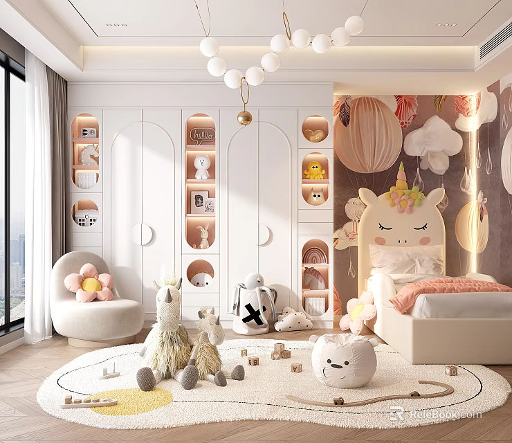 Cozy Kids Bedroom With Built in Cabinets Plush Toys And Unicorn Headboard 3d model 