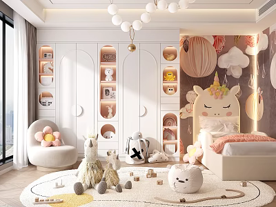 Cozy Kids Bedroom With Built in Cabinets Plush Toys And Unicorn Headboard 3d model