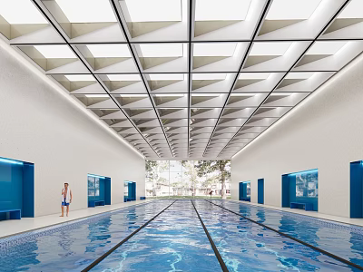 Spacious Indoor Swimming Pool With Geometric Ceiling Blue Lockers And Natural Light 3d model