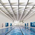 Spacious Indoor Swimming Pool With Geometric Ceiling Blue Lockers And Natural Light