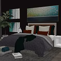 Double Bed With Dark Bedding Decorative Pillows White Nightstands Potted Plant And Wall Art