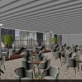 Spacious Modern Leisure Area Interior Design With Comfortable Chairs Round Tables Green Plants Large Windows Blue Curtains