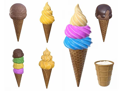 Colorful Ice Cream Cones With Various Flavors Stacked Scoops And Empty Waffle Cone 3d model
