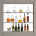 Various Wine Bottles And Glassware Arranged On Cabinet Shelves