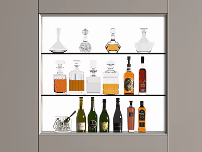 Various Wine Bottles And Glassware Arranged On Cabinet Shelves 3d model