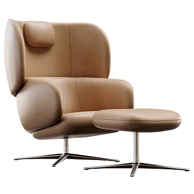 Beige Leather Office Chair With Modern Design Ottoman And Metal Base 3d model