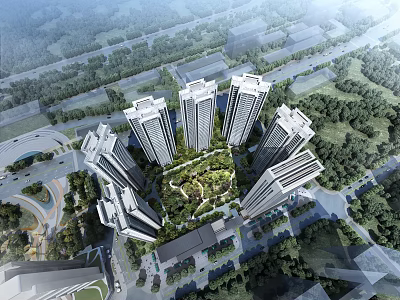Aerial View Planning of Modern Residential Complex with High Rise Buildings and Central Green Space 3d model
